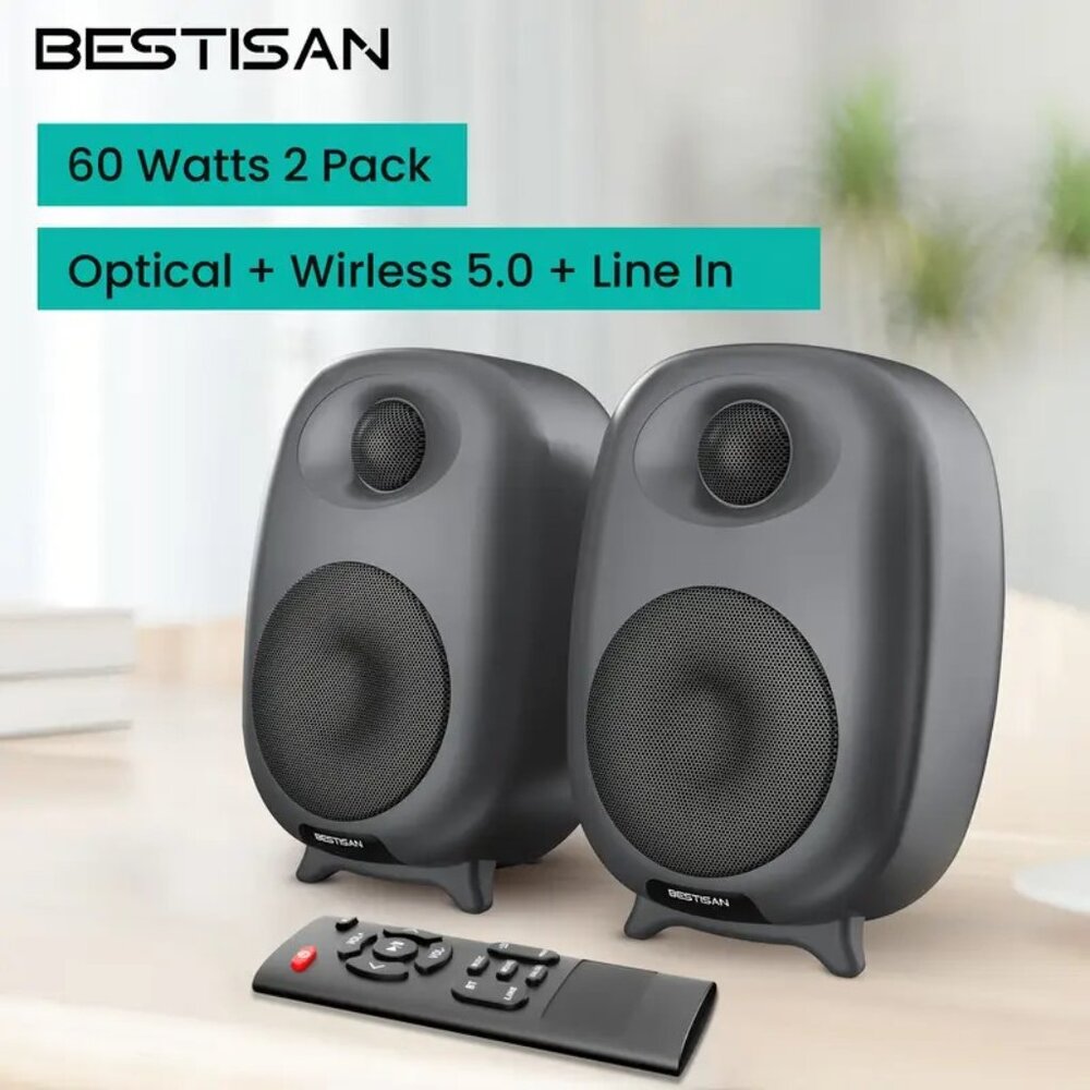 2 Pack BESTISAN Bookshelf Speakers | 60 Watts Powered, 3 Inch Woofer, 2.0 Stereo